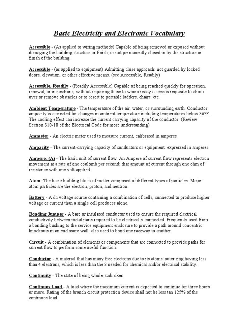 Engineering Vocabulary 1 Electric Current Electrical