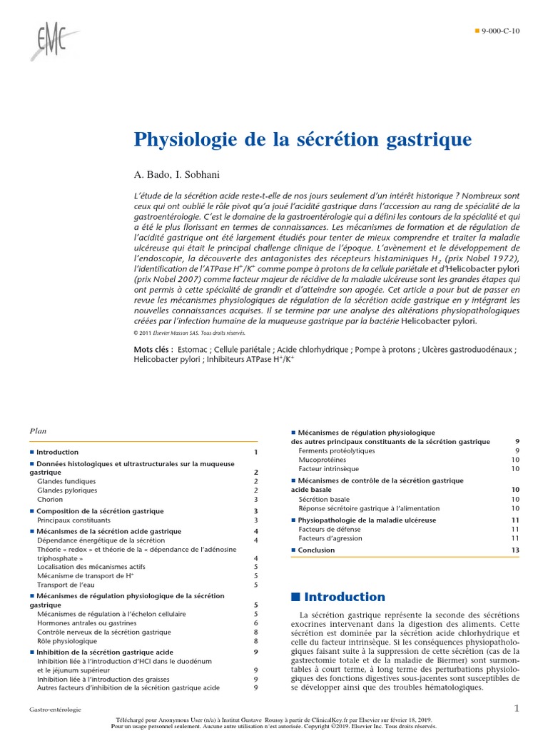 Quel Ion Est Responsable De L acidité Du Suc Gastrique Physiologie de La Sécrétion Gastrique | PDF | Estomac | Membrane cellulaire