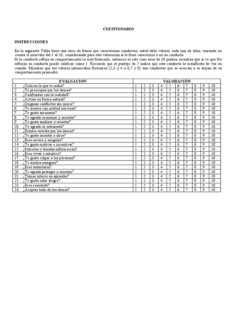 Cuestionario de Autoevaluación Conductual | PDF | Relaciones personales ...