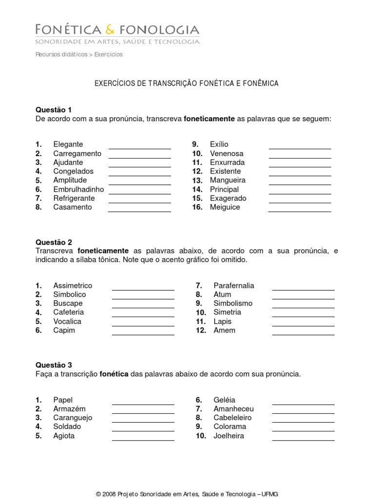 EXERCICIO DE TRANSCRIÇÃO FONÉTICA | Fonologia | Ortografia