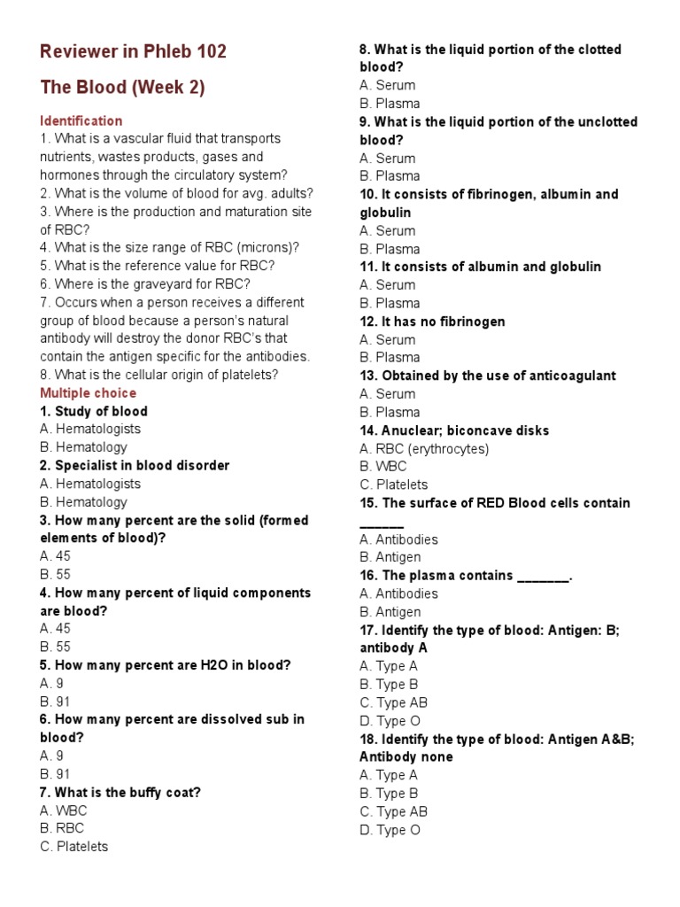 Blood Components and Functions Quiz | PDF | White Blood Cell | Blood Plasma