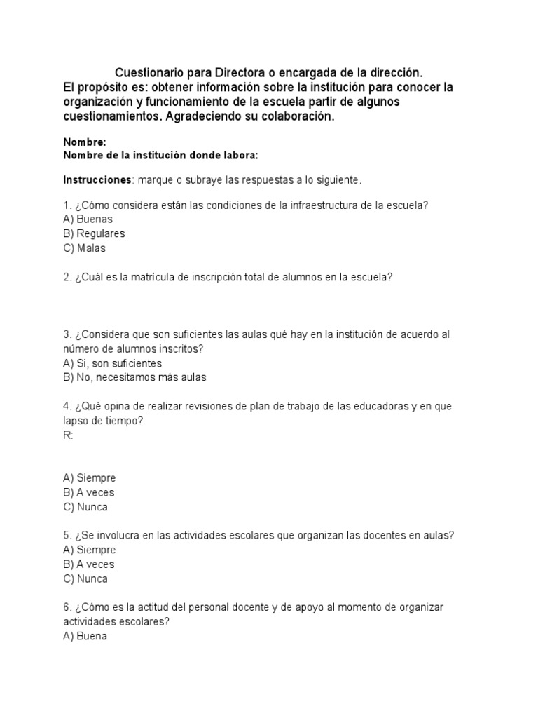 Cuestionario para Directores Educativos | PDF