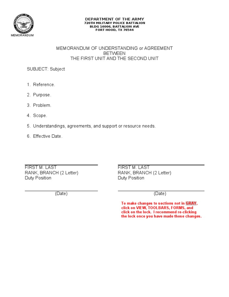 Army Unit Memorandum of Understanding | PDF