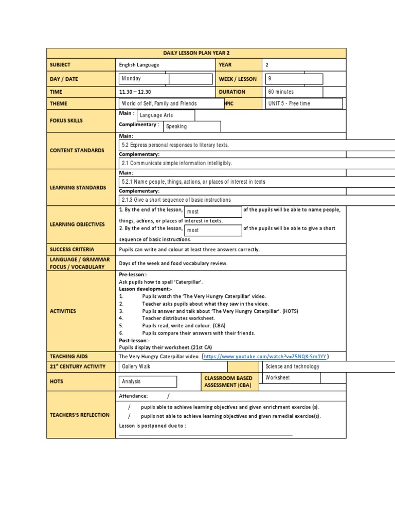 Year 2 English Lesson Plan | PDF | Lesson Plan | Cognition
