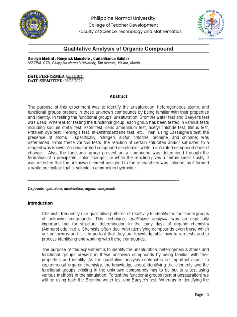 Qualitative Analysis of Organic Compounds | PDF | Amine | Aldehyde