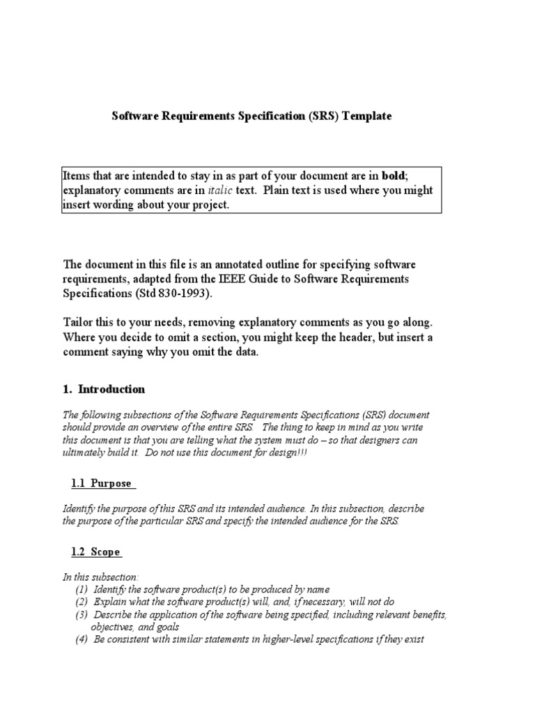 Software Requirements Specification (SRS) Template: 1.1 Purpose | PDF ...