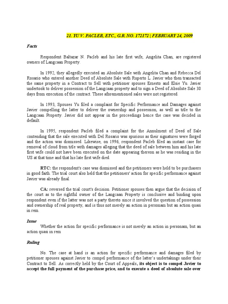 Specific performance case is an action in personam PDF In Rem