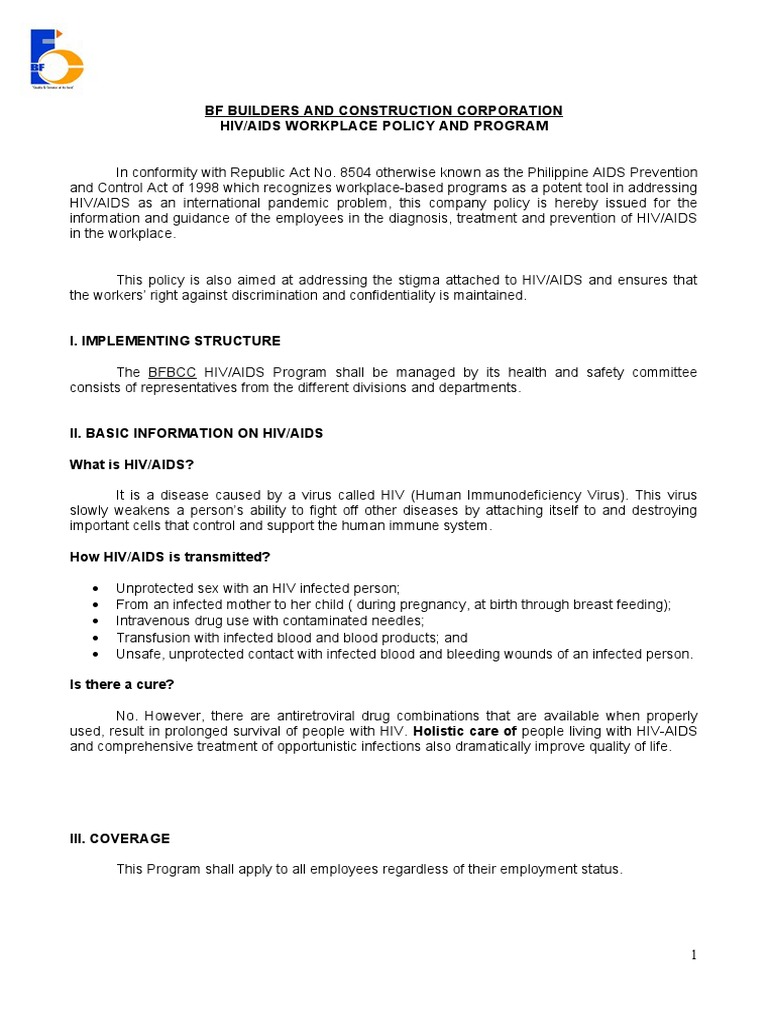 BF Builders and Construction Corporation Hiv/Aids Workplace Policy and ...