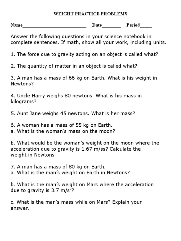 Weight and Mass Practice Problems | PDF | Science & Mathematics