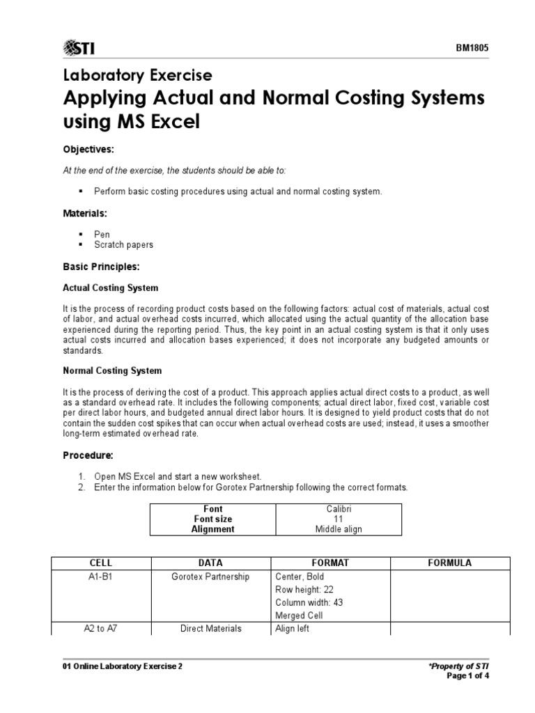 Applying Actual and Normal Costing Systems Using MS Excel Laboratory Exercise PDF