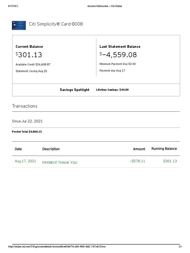 2021 0817 Account Information - Citi Online | PDF | Payments | Finance ...
