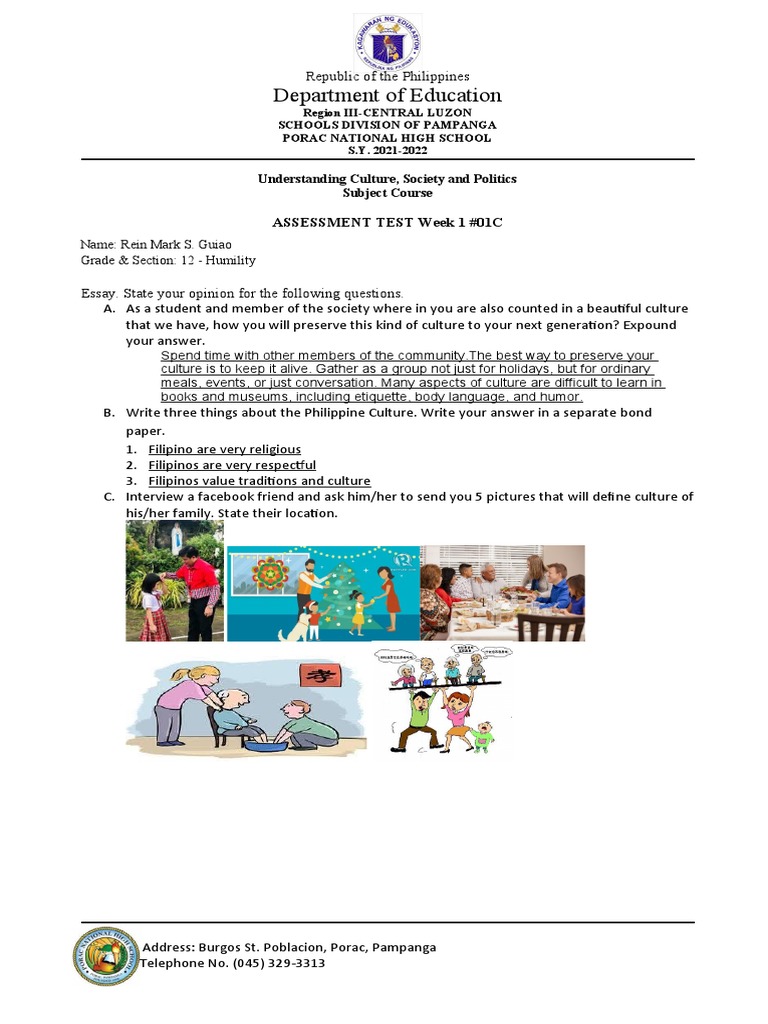 Department of Education: Assessment Test Week 1 #01C | PDF | Wellness
