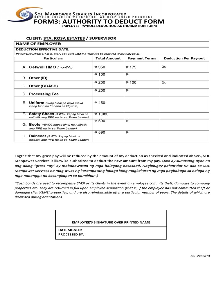 Form 3 Authority To Deduct STA ROSA ESTATES (SUPERVISOR) | PDF ...