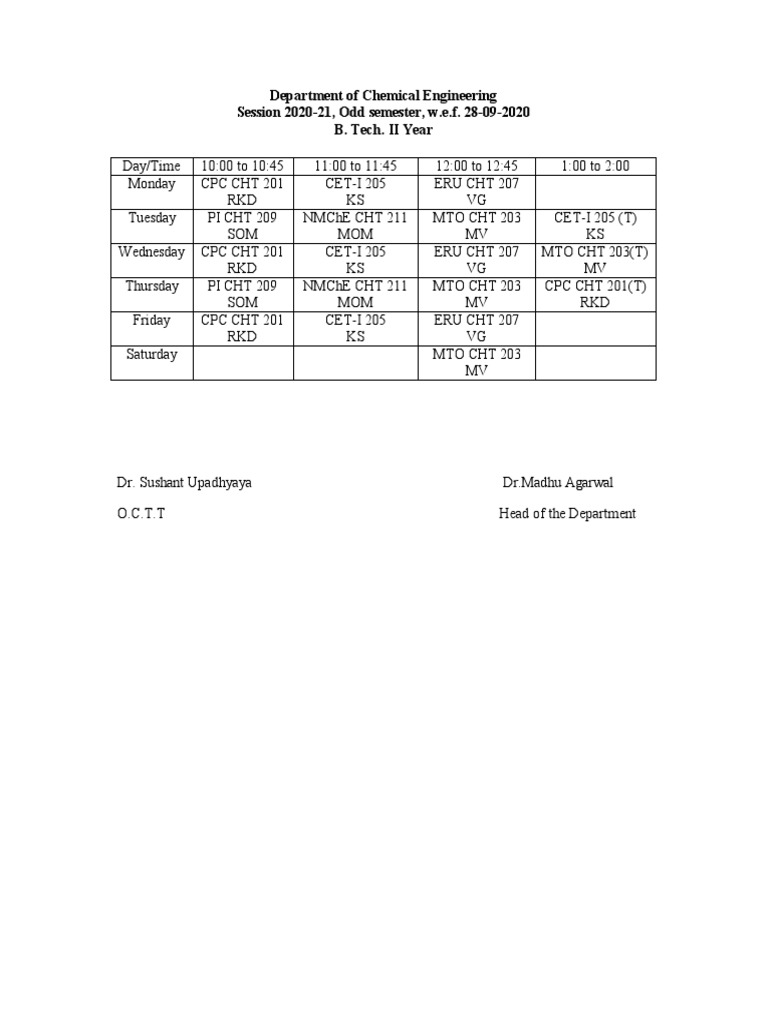 Time Table Odd Semesterchem Engg | PDF | Academic Degree | Engineering