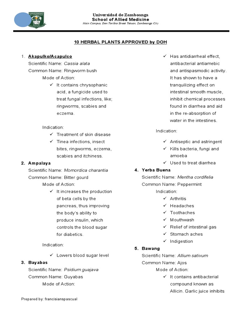 10 Herbal Plants Approved by DOH and Their Medicinal Uses PDF