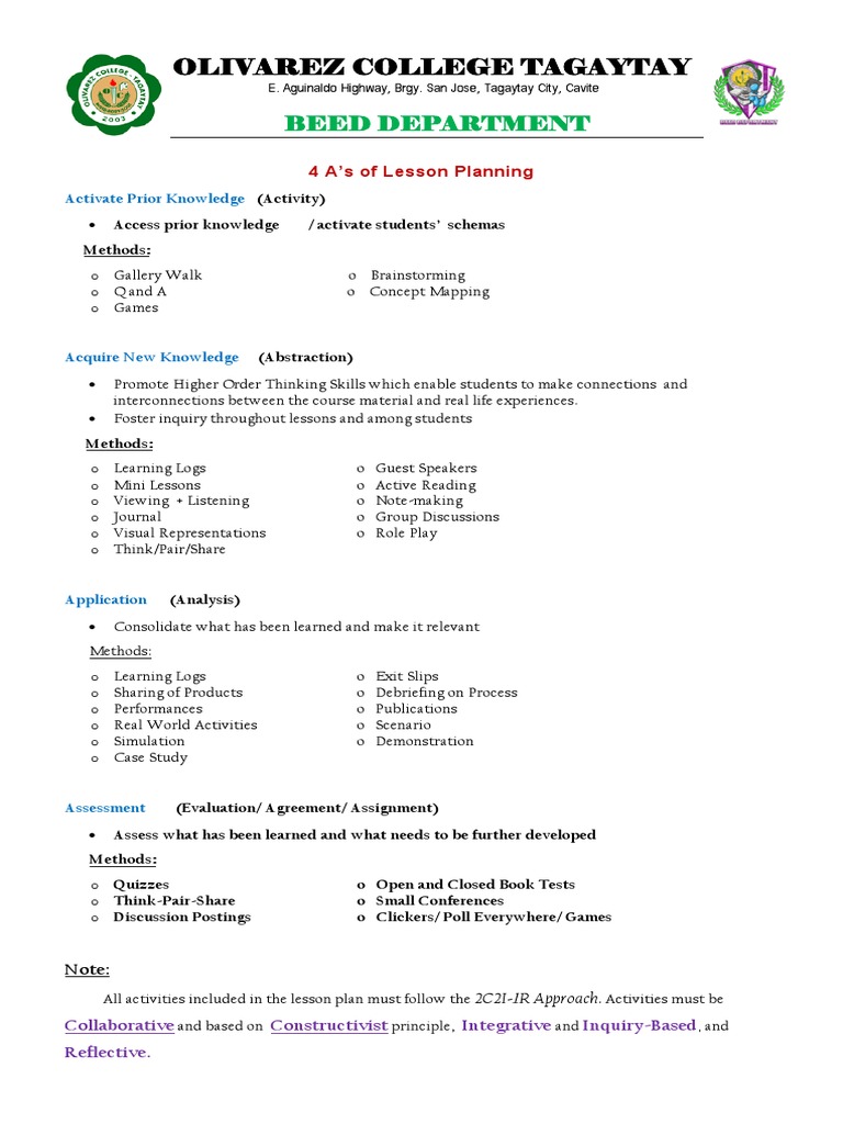 4 A's Lesson Plan Framework | PDF