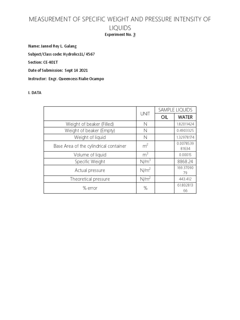 Specific Weight and Pressure of Liquids | PDF