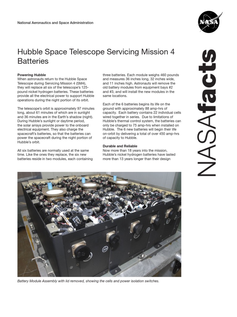 NASA Facts Hubble Space Telescope Servicing Mission 4 Batteries