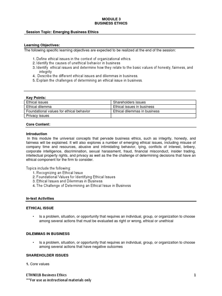 Module 3 Emerging Business Ethics | PDF | Business Ethics | Integrity