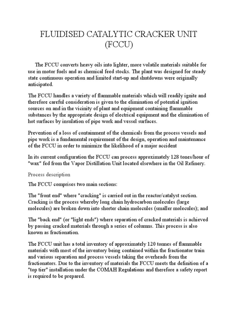 Fluidised Catalytic Cracker Unit PDF Cracking (Chemistry) Chemistry