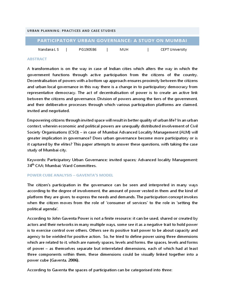 Participatory Urban Governance in Mumbai | PDF | Government | Policy