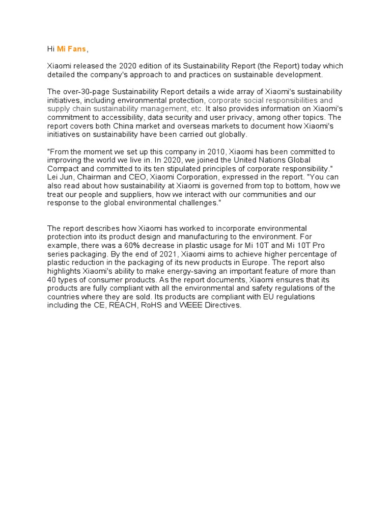 Xiaomi Released Its Sustainability Report To Reaffirm Its Commitment To ...