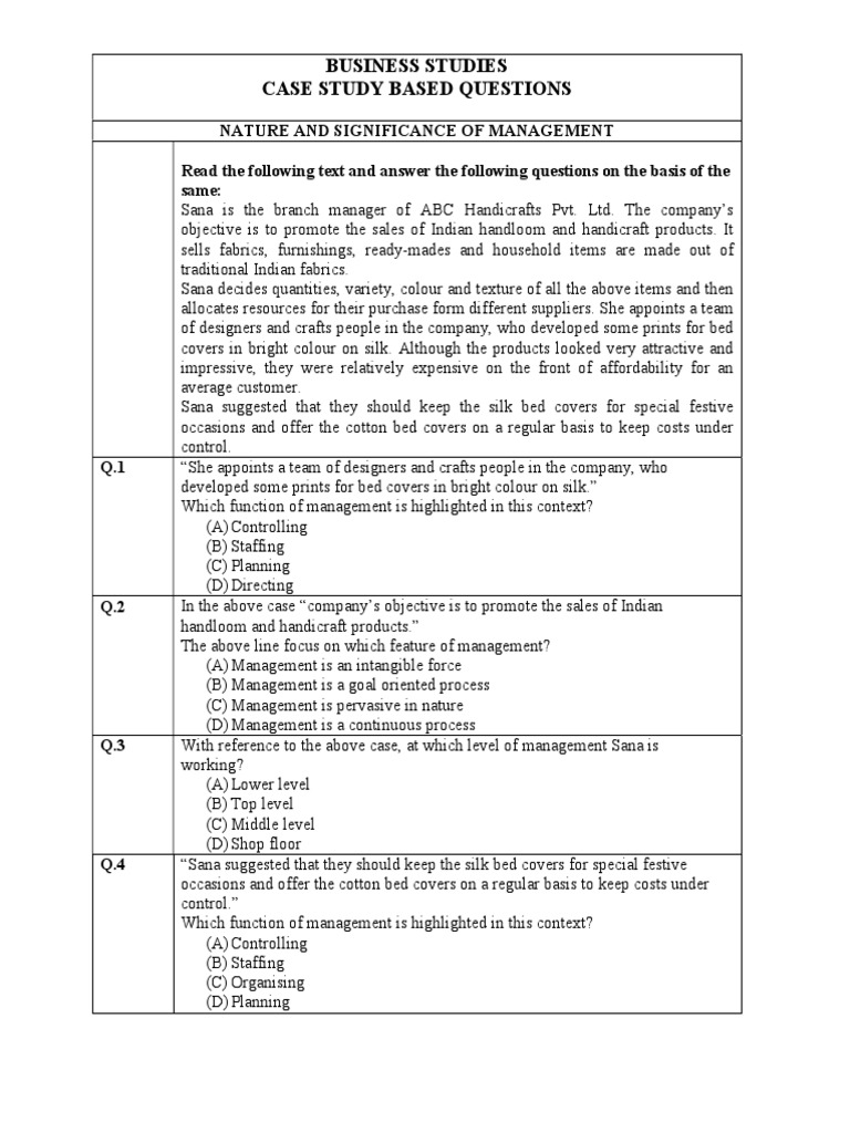 Business Studies Case Study Based Questions PDF Coca Cola Cola