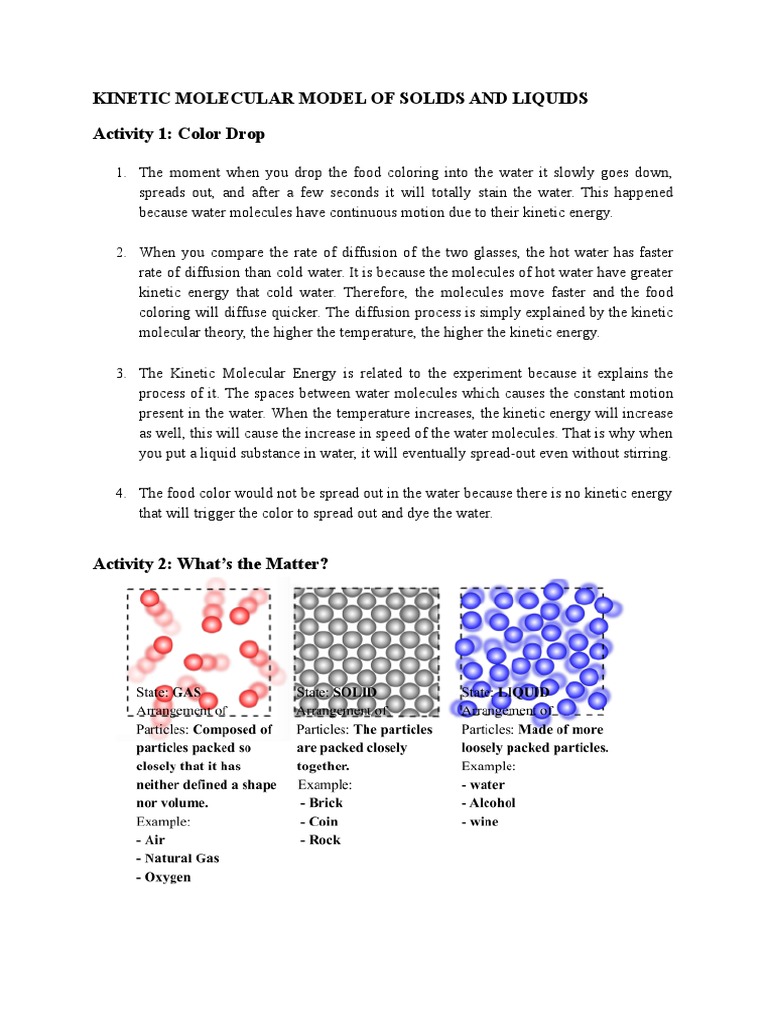 Kinetic Molecular Model of Solids and Liquids Activity 1: Color Drop ...