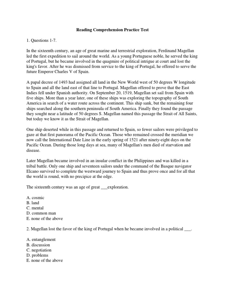Reading Comprehension Practice Test | PDF | Wright Brothers | Helen Of Troy