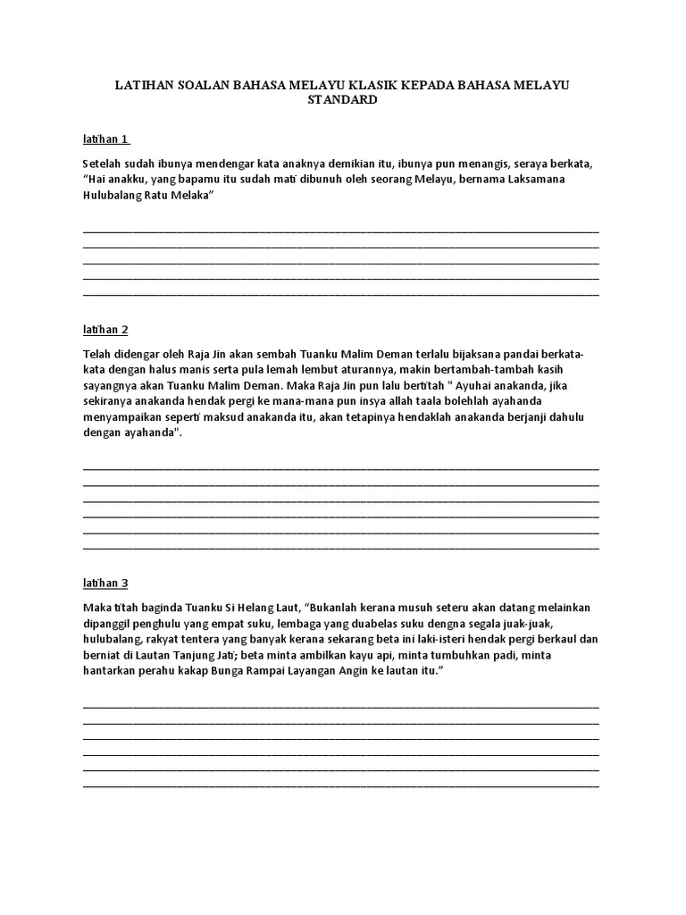 Latihan Soalan Bahasa Melayu Klasik Kepada Bahasa Melayu Standard Pdf