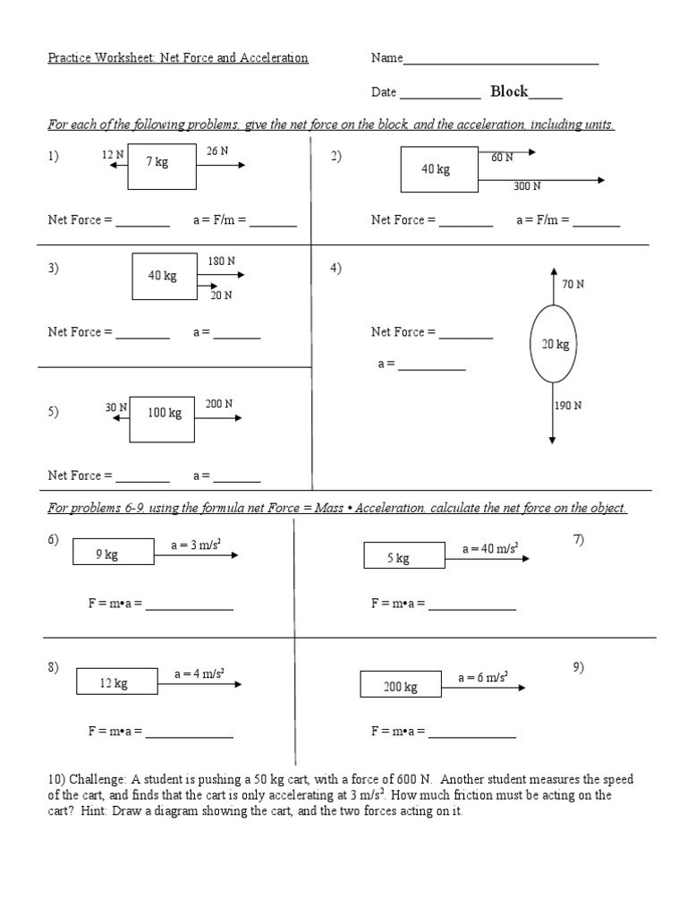 Net Force and Acceleration Practice Worksheet | PDF | Force | Mechanics