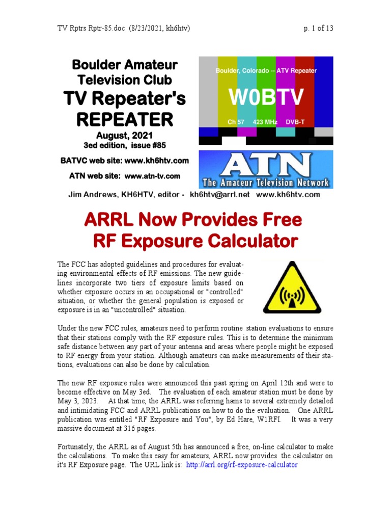 TV Repeater's Repeater ARRL Now Provides Free RF Exposure Calculator