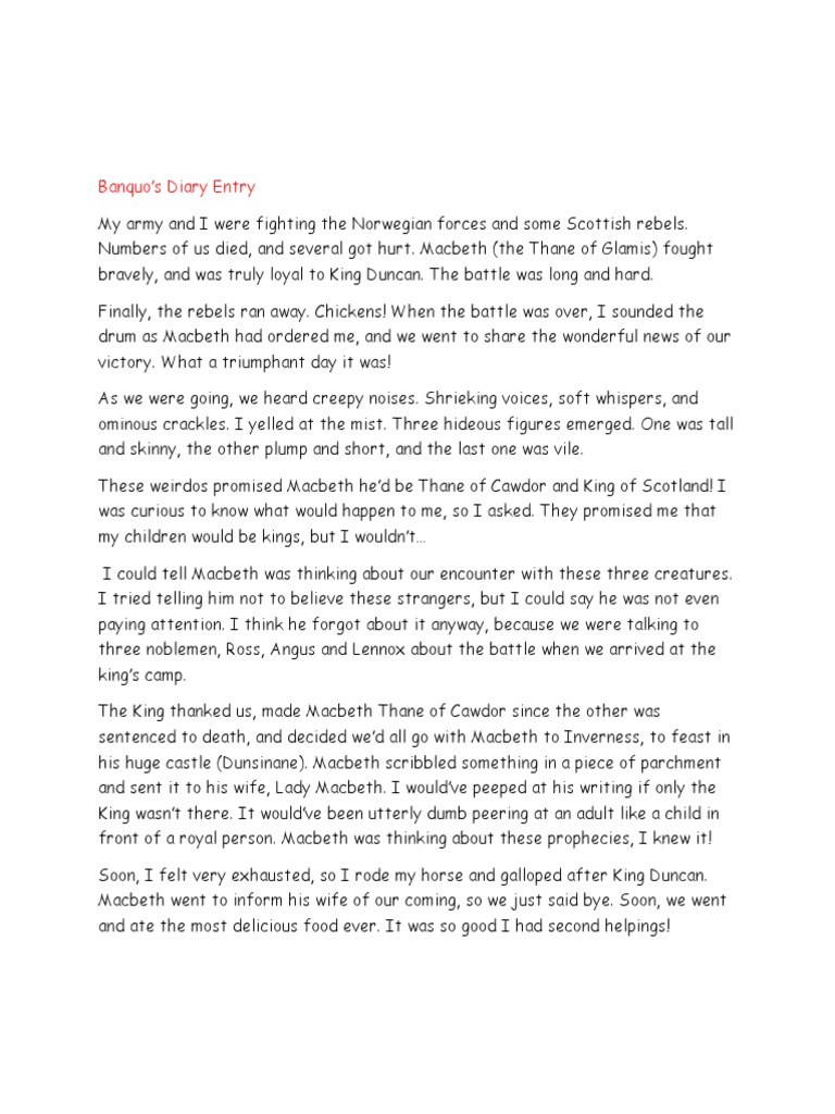 Banquo's Diary Entry PDF Macbeth Shakespearean Tragedies