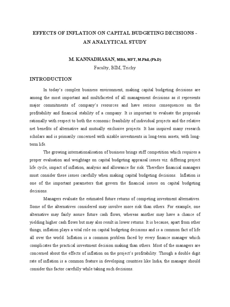 Effects of Inflation On Capital Budgeting Decisions - An Analytical ...