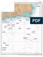 Carta náutica com informações sobre profundidades, isobáticas, posições e delimitações marítimas
