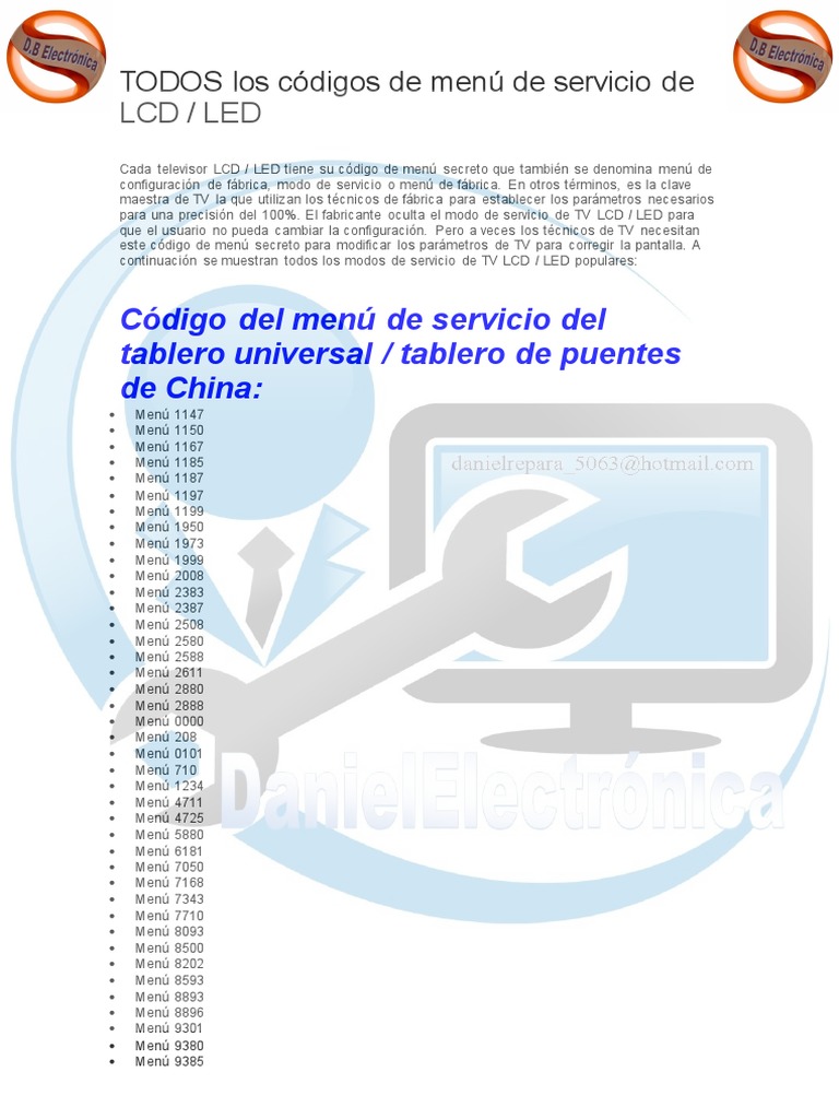Códigos de Menú de Servicio para TVs | PDF | Control remoto | Cambio ...