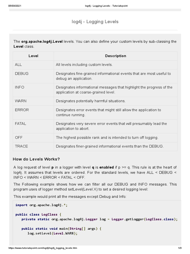 Log4j - Logging Levels - Tutorialspoint | PDF | Systems Engineering ...