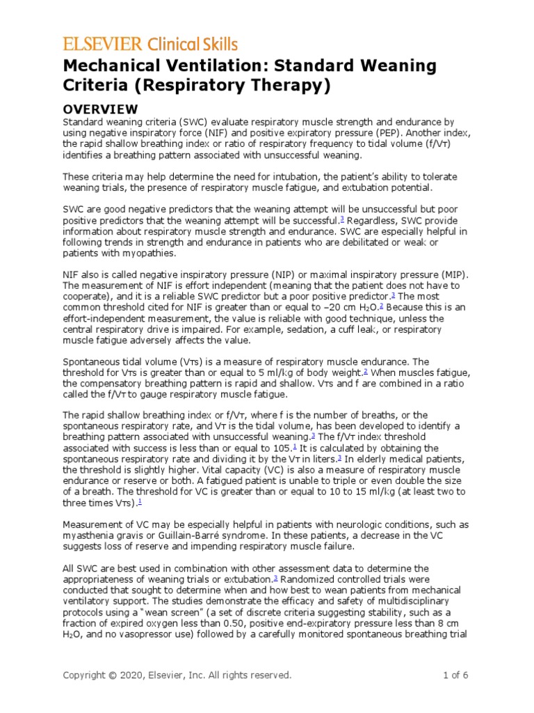 Mechanical Ventilation Standard Weaning Criteria (Respiratory Therapy