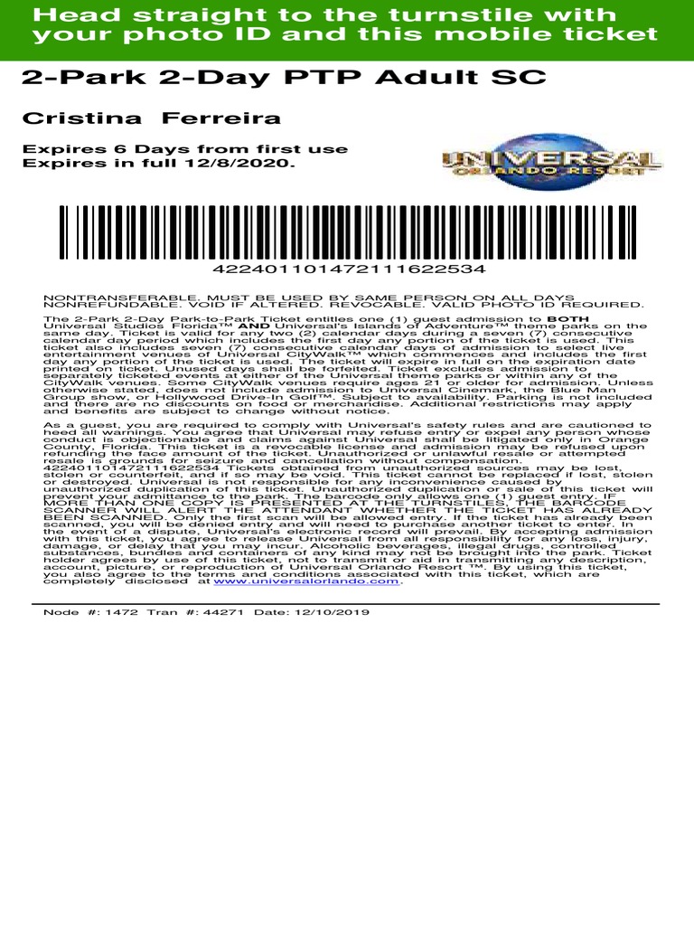 2-Park 2-Day PTP Adult SC: Cristina Ferreira | PDF | Universal Orlando