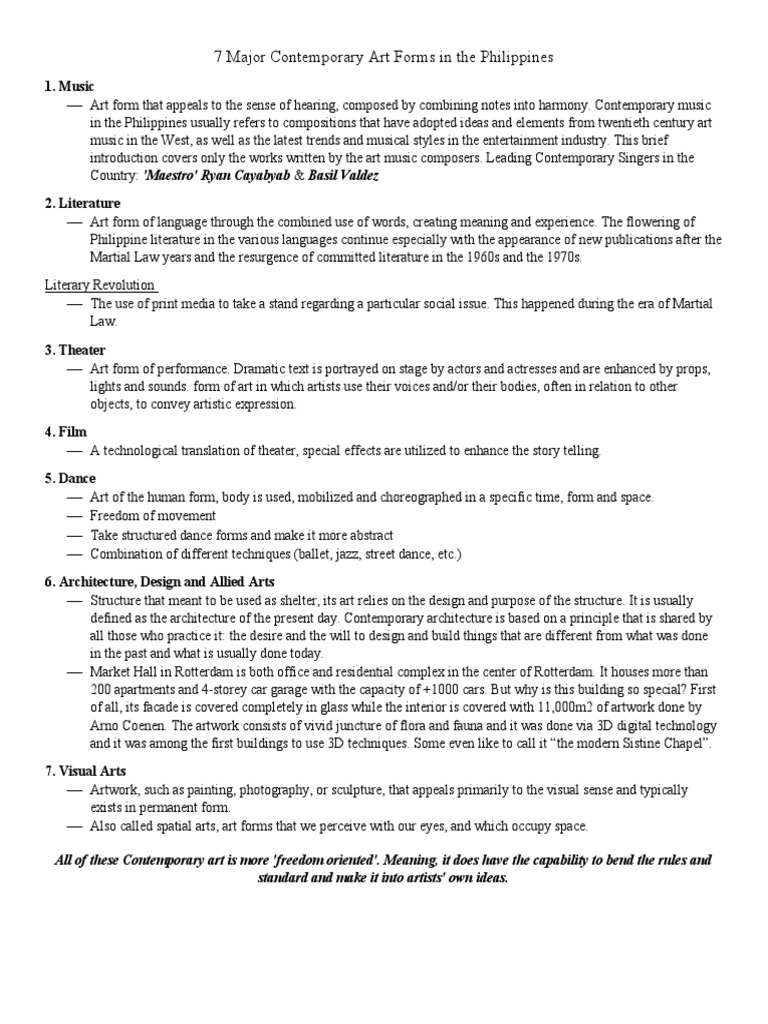 7 Major Contemporary Art Forms in The Philippines 1. Music PDF Dances Theatre