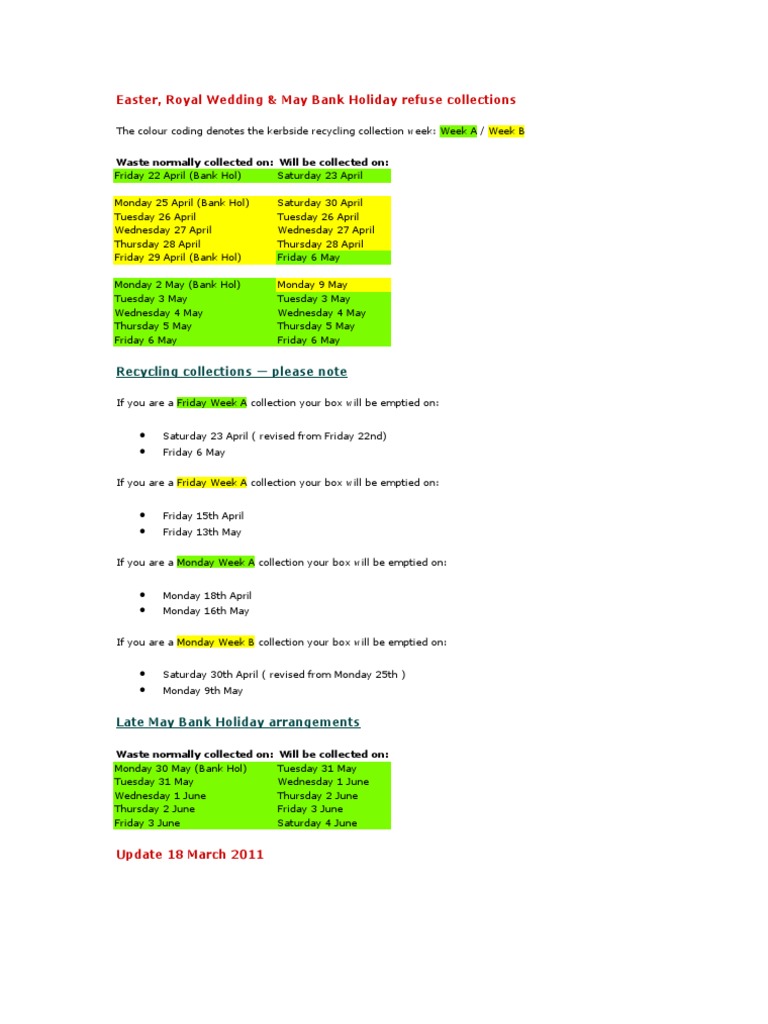 Easter, Royal Wedding & May Bank Holiday Refuse Collections Recycling