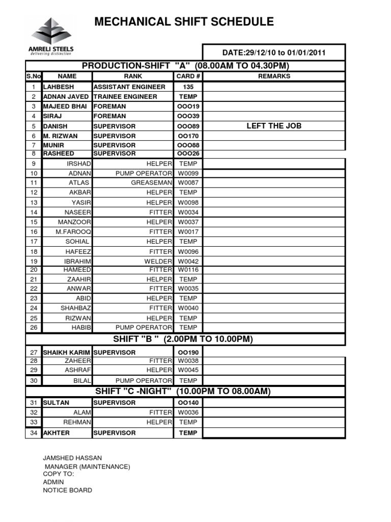 Mechanical Shift Schedule 2010-2011 | PDF