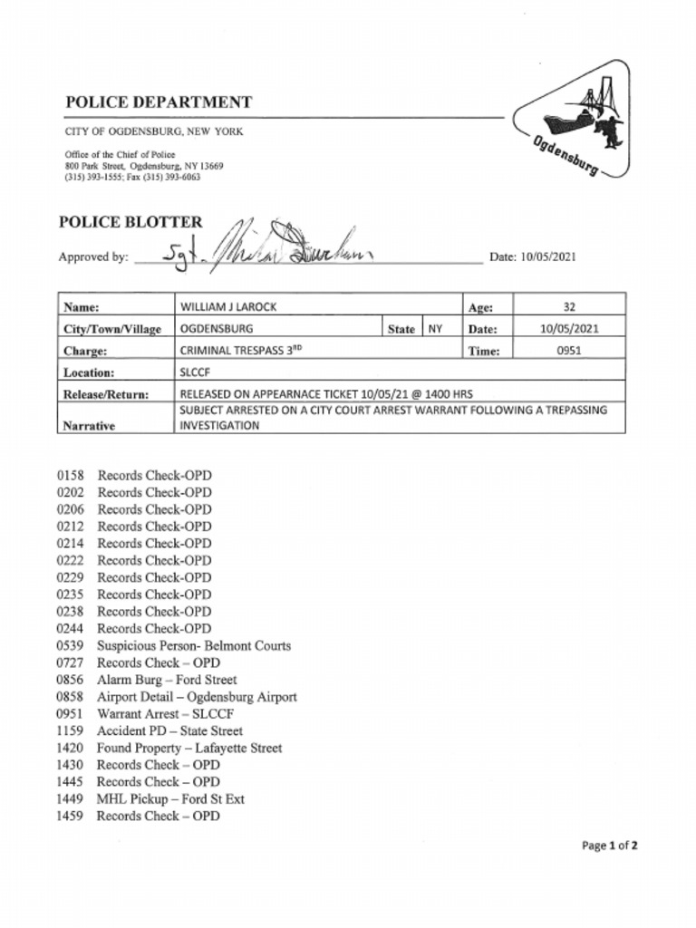Ogdensburg Police Department Oct. 5, 2021 PDF