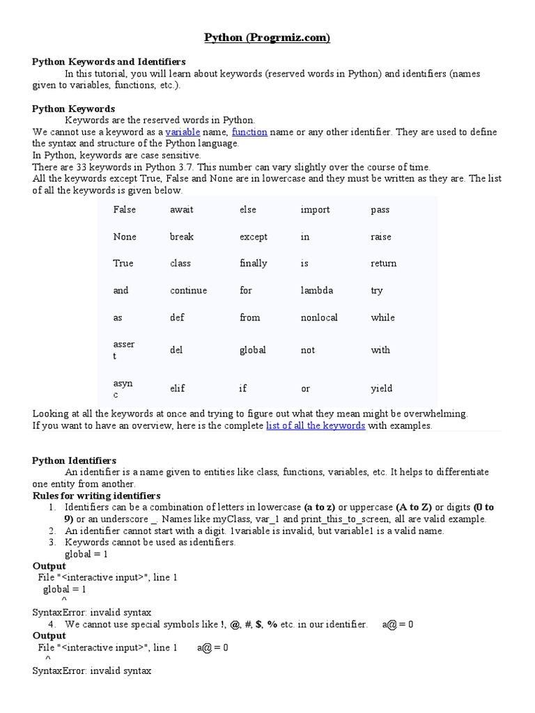 Variable Function: Python Keywords and Identifiers | Download Free PDF ...