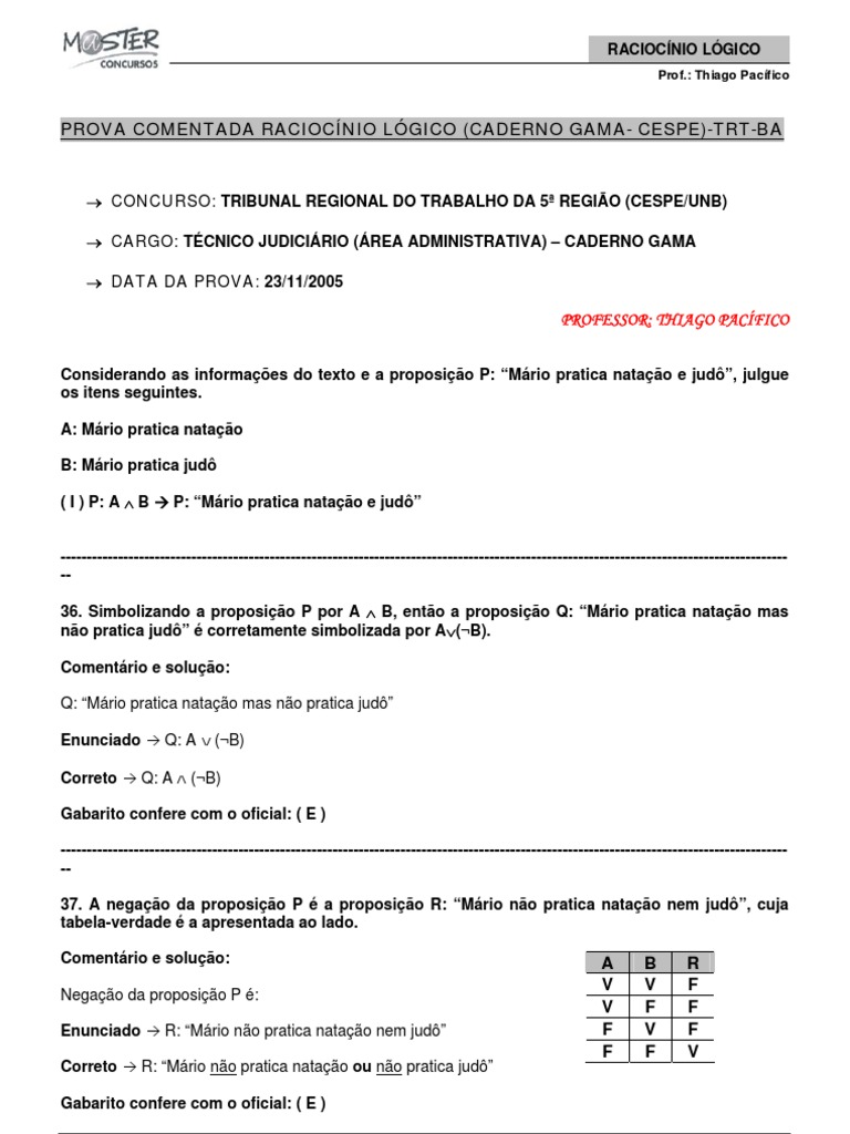 Prova Comentada de Raciocínio Lógico | PDF | Proposição | Verdade