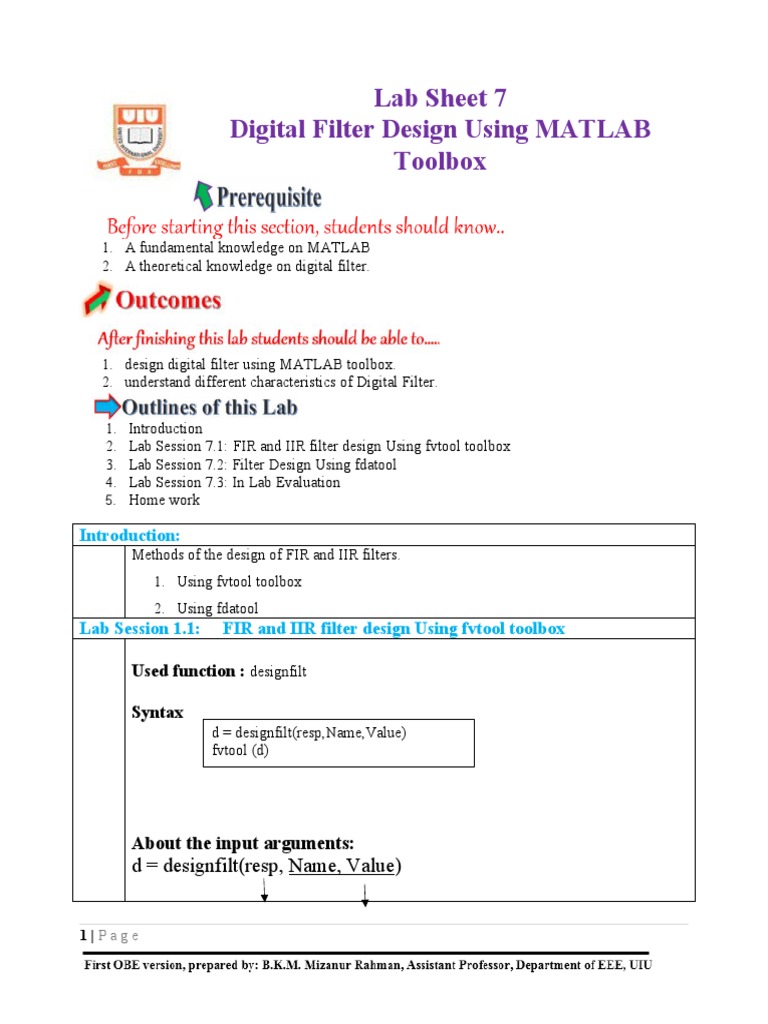 Lab Sheet 7 Digital Filter Design Using MATLAB Toolbox D Designfilt