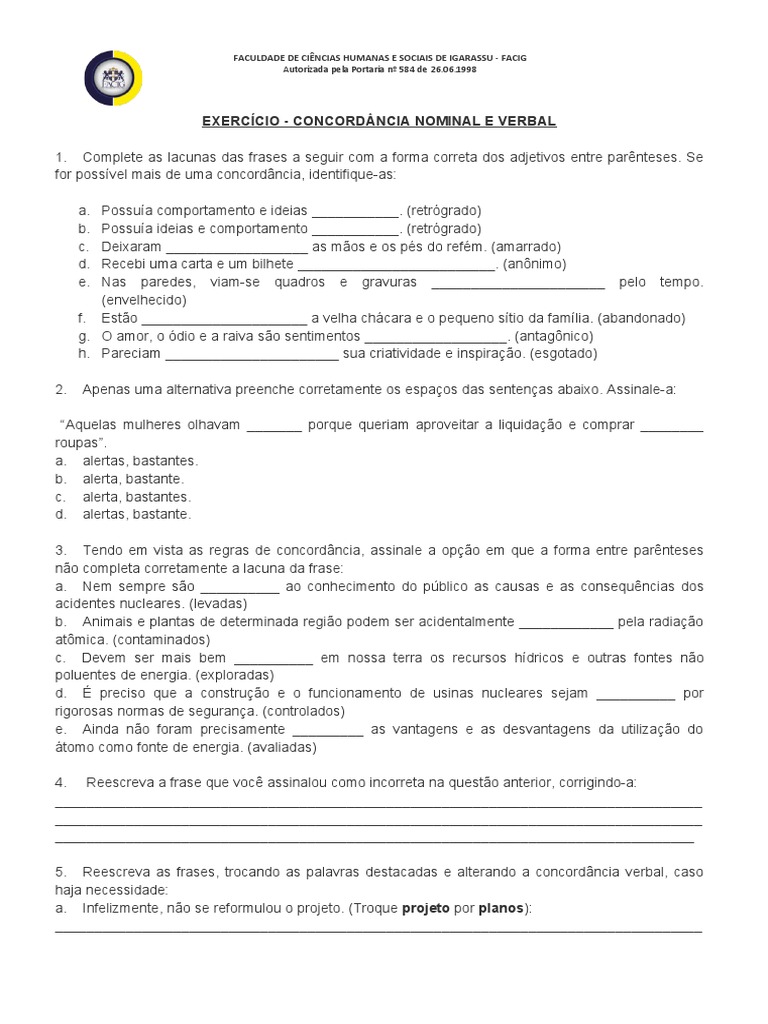 Exercícios de Concordância Nominal e Verbal | PDF