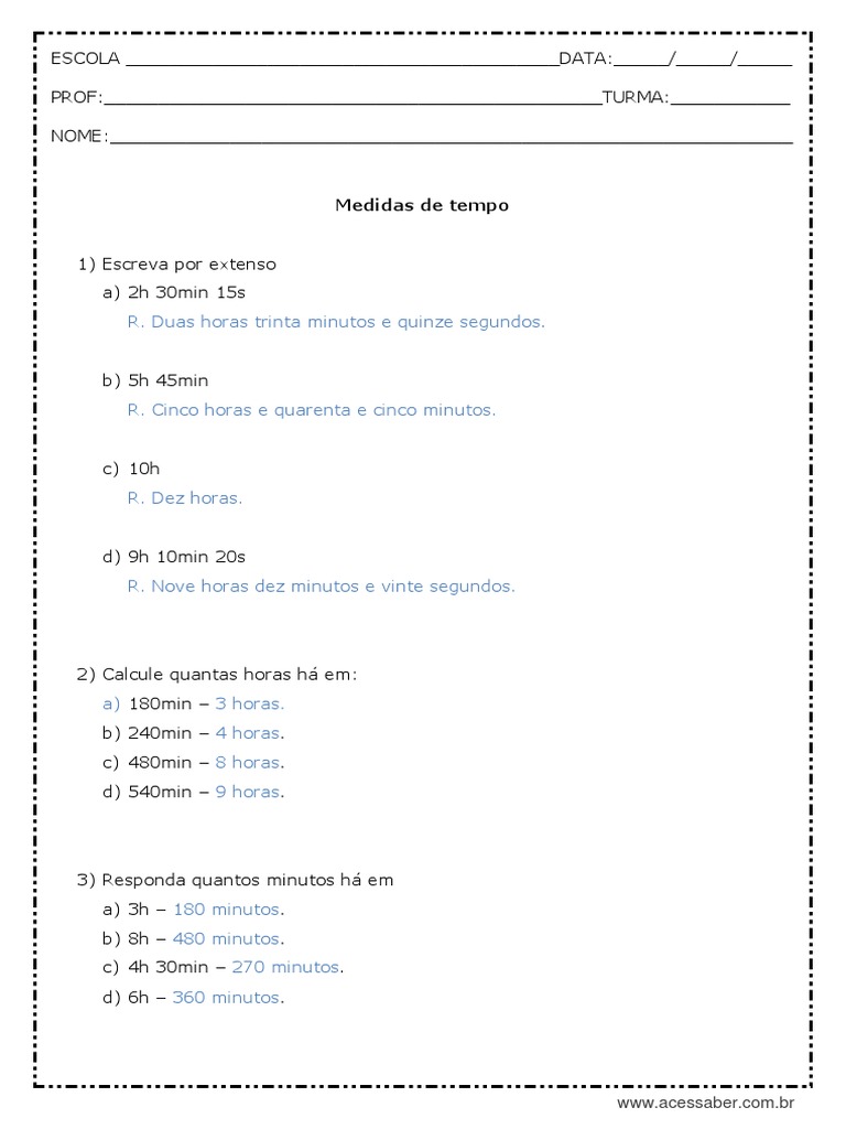 Atividades de Medidas de Tempo 4º Ano | PDF