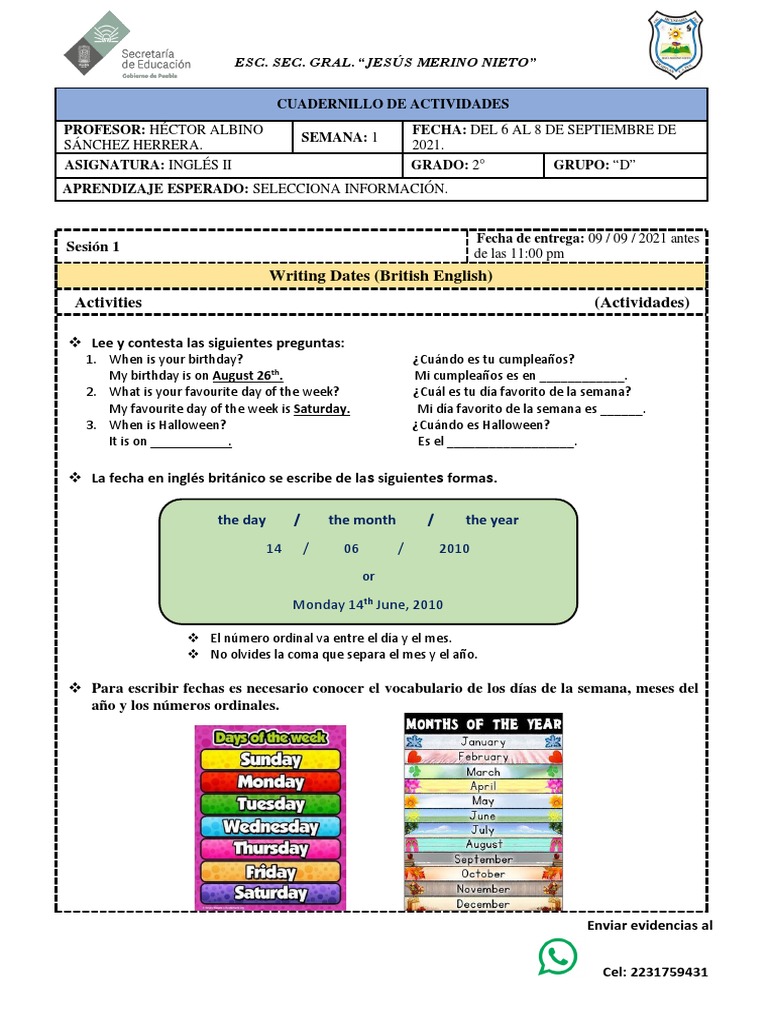 Ingles 2D Cuadernillo de Actividades Semana 1, 2 y 3 | PDF | Gramática ...