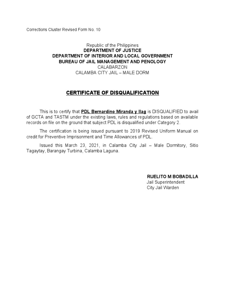 Certificate of Disqualification for Two Prisoners from Receiving ...